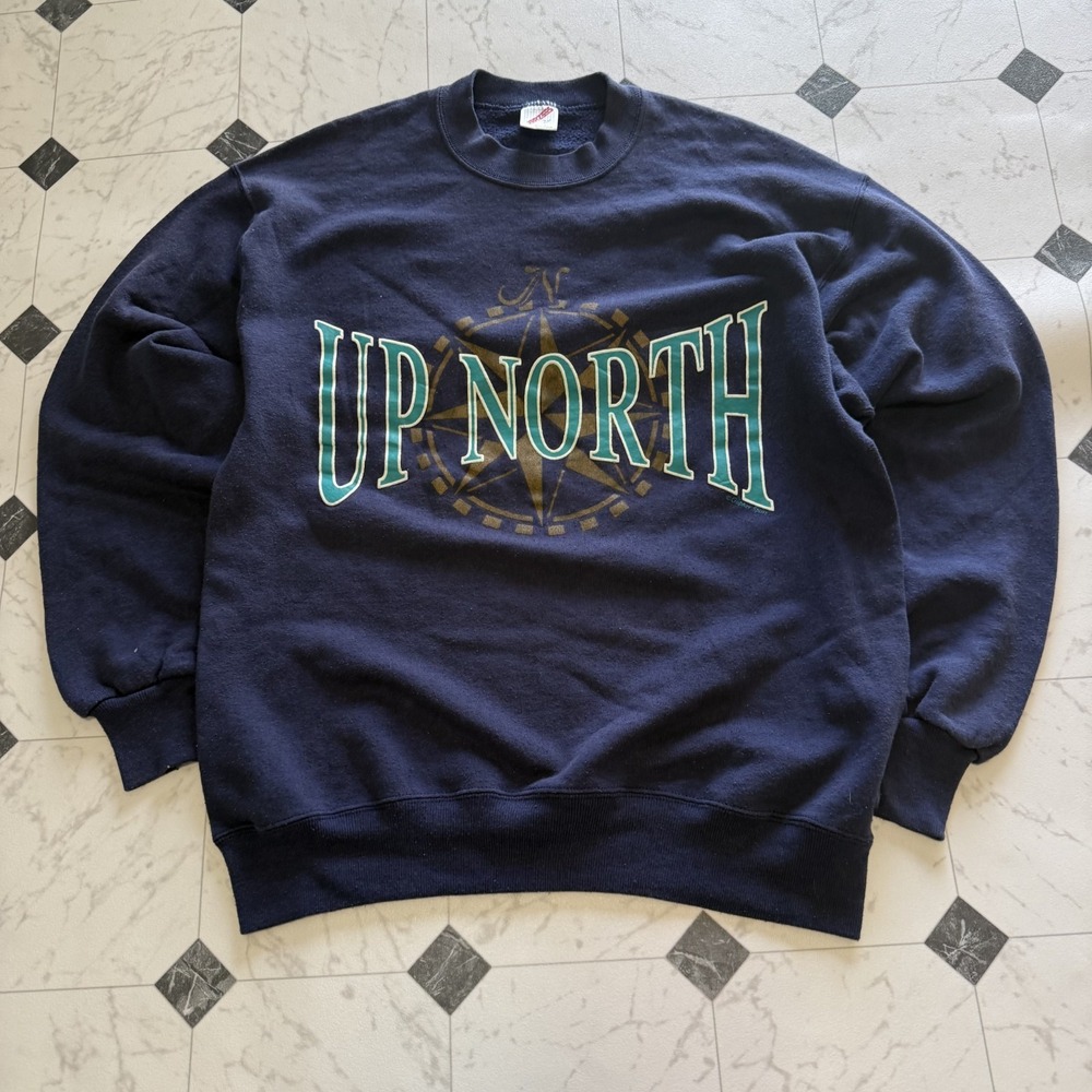 Up North Compass Graphic Crewneck Sweatshirt Navy Jerzees Men's‎ L
